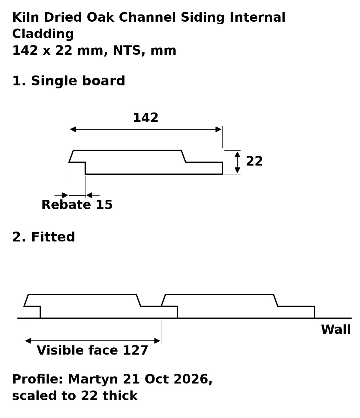 Kiln Dried Oak Channel Siding Internal Cladding profile drawing: 142 x 22 mm board, 127 mm visible face