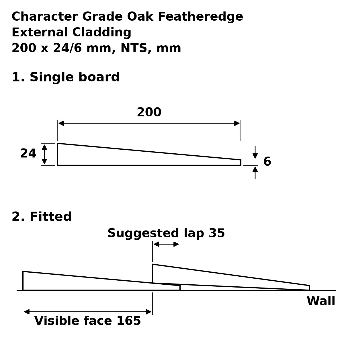 Character Grade Oak Featheredge External Cladding profile drawing: 200 x 24/6 mm board, suggested 35 mm lap, 165 mm visible face
