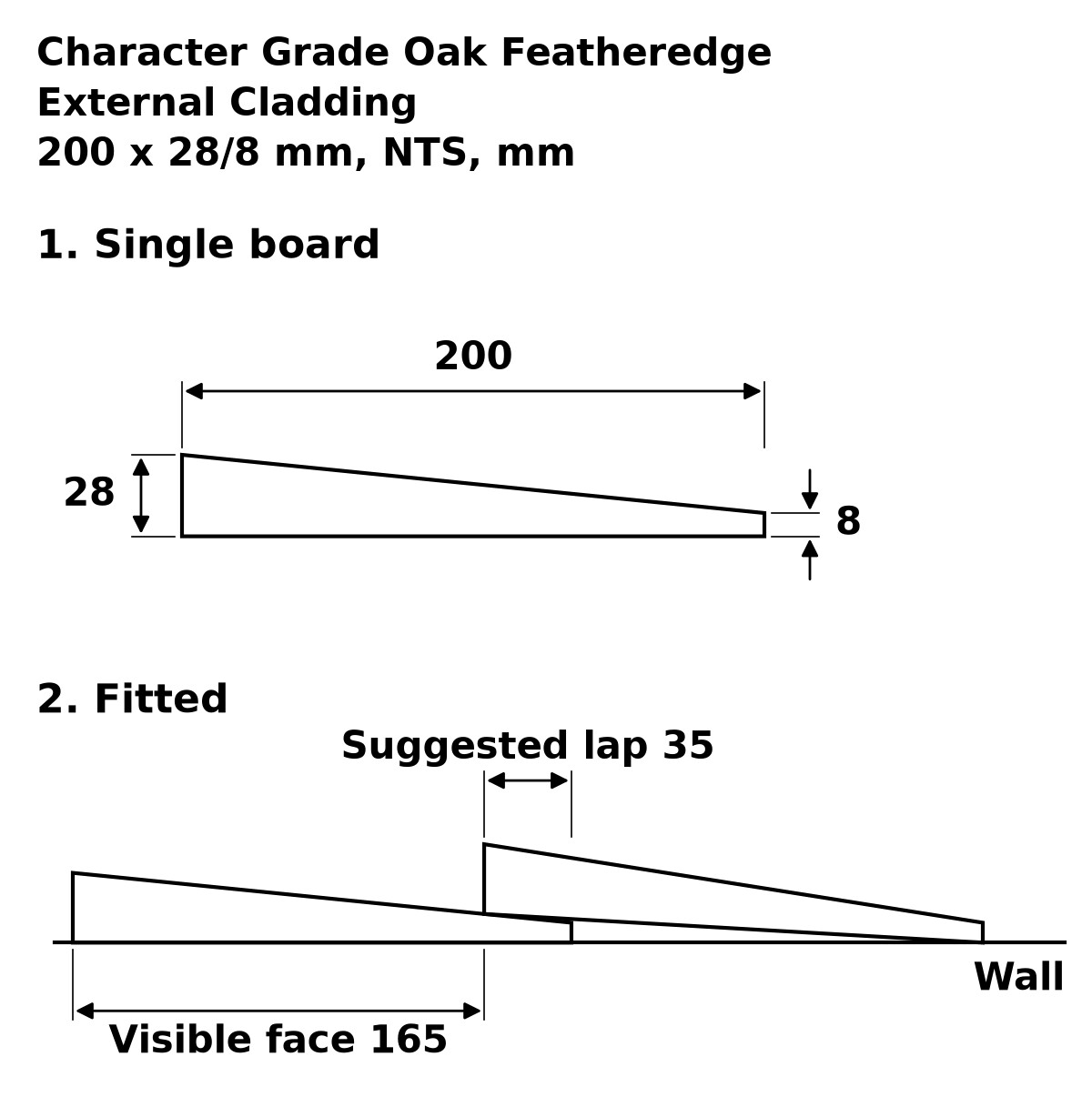 Character Grade Oak Featheredge External Cladding profile drawing: 200 x 28/8 mm board, suggested 35 mm lap, 165 mm visible face