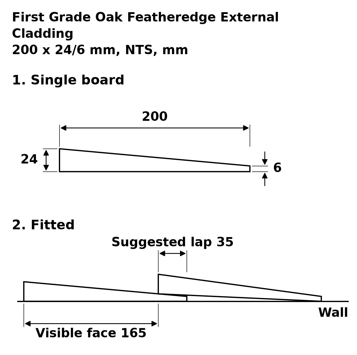 First Grade Oak Featheredge External Cladding profile drawing: 200 x 24/6 mm board, suggested 35 mm lap, 165 mm visible face