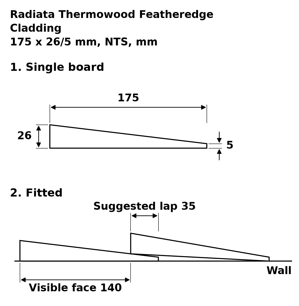 Radiata Thermowood Featheredge Cladding profile drawing: 175 x 26/5 mm board, suggested 35 mm lap, 140 mm visible face