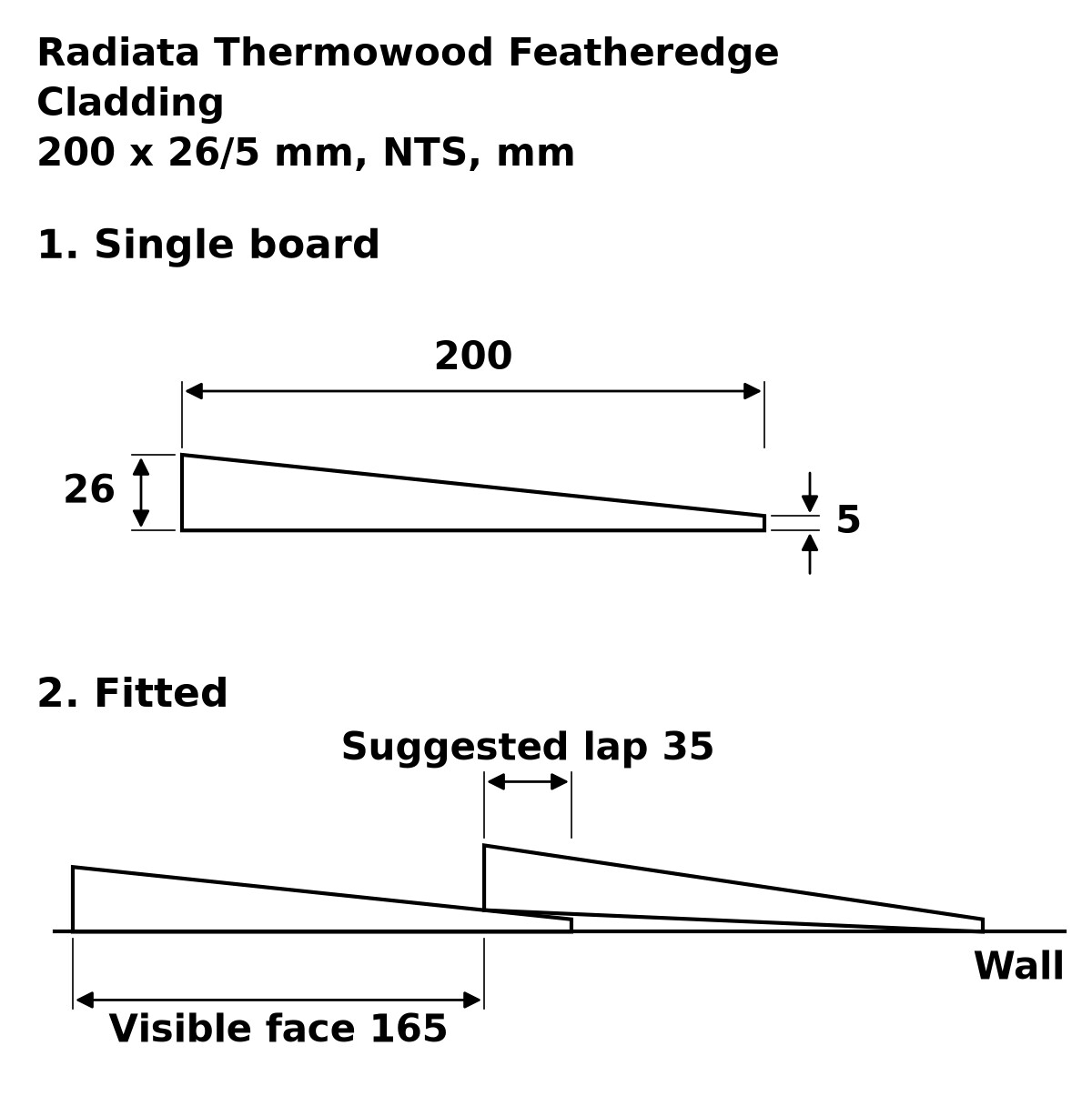 Radiata Thermowood Featheredge Cladding profile drawing: 200 x 26/5 mm board, suggested 35 mm lap, 165 mm visible face