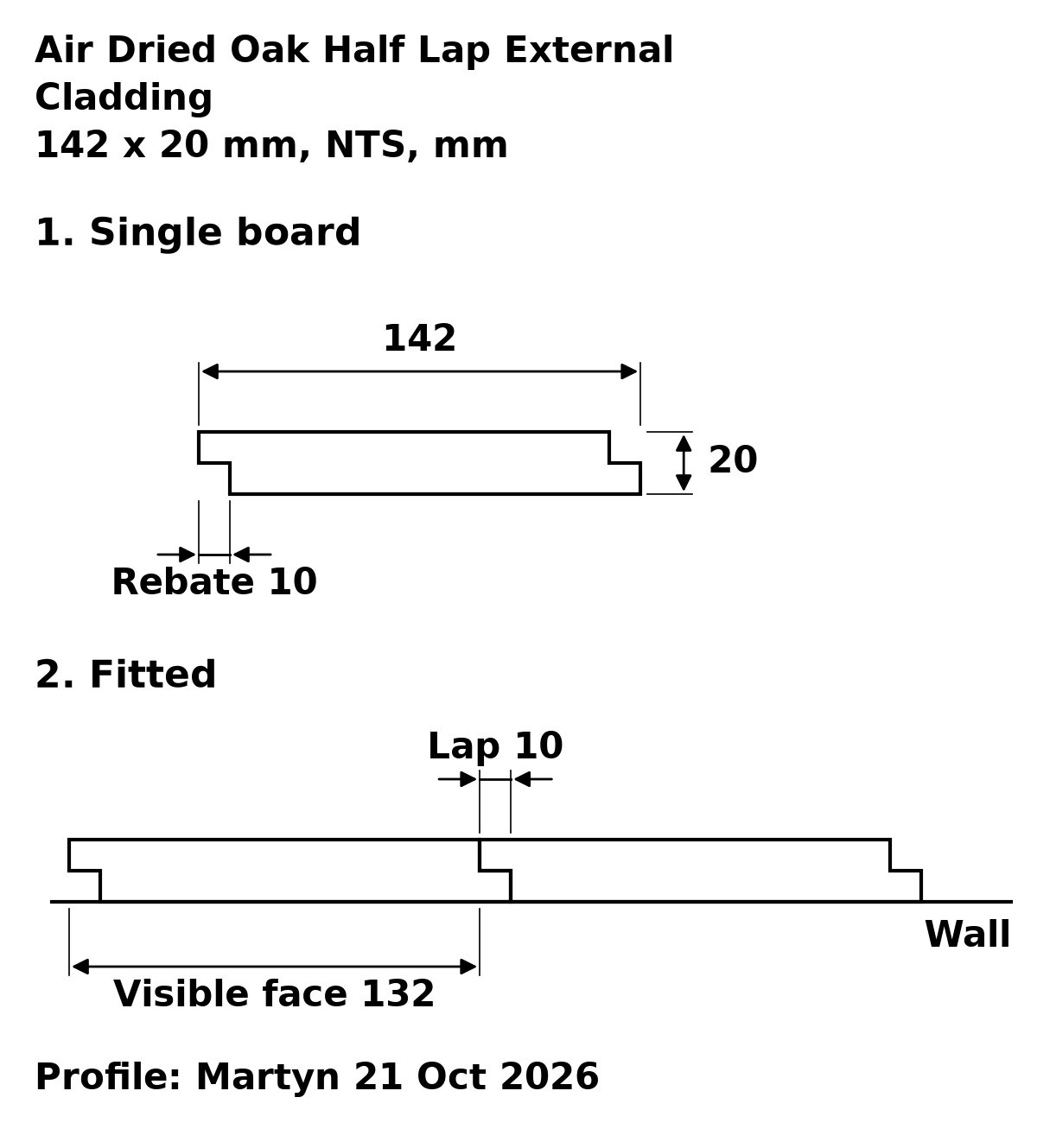 Air Dried Oak Half Lap External Cladding profile drawing: 142 x 20 mm board, 132 mm visible face, 10 mm lap