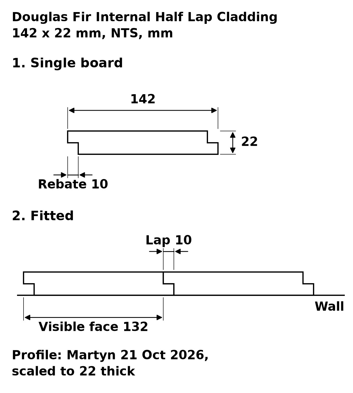 Douglas Fir Internal Half Lap Cladding profile drawing: 142 x 22 mm board, 132 mm visible face, 10 mm lap
