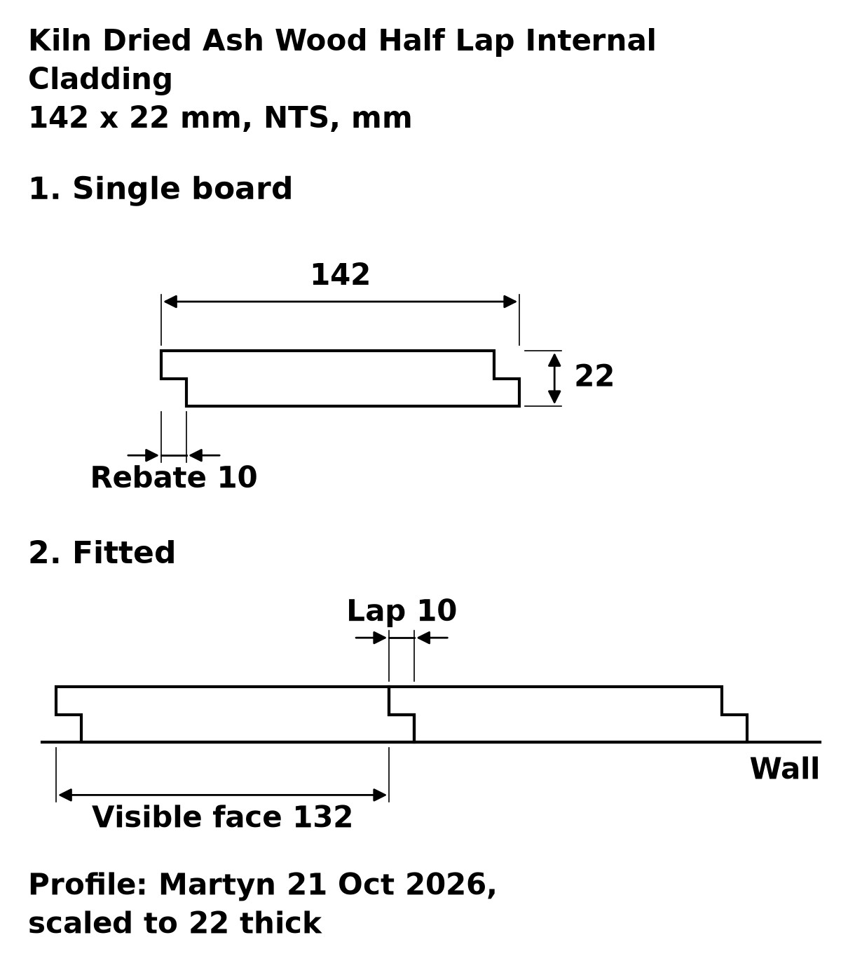 Kiln Dried Ash Wood Half Lap Internal Cladding profile drawing: 142 x 22 mm board, 132 mm visible face, 10 mm lap