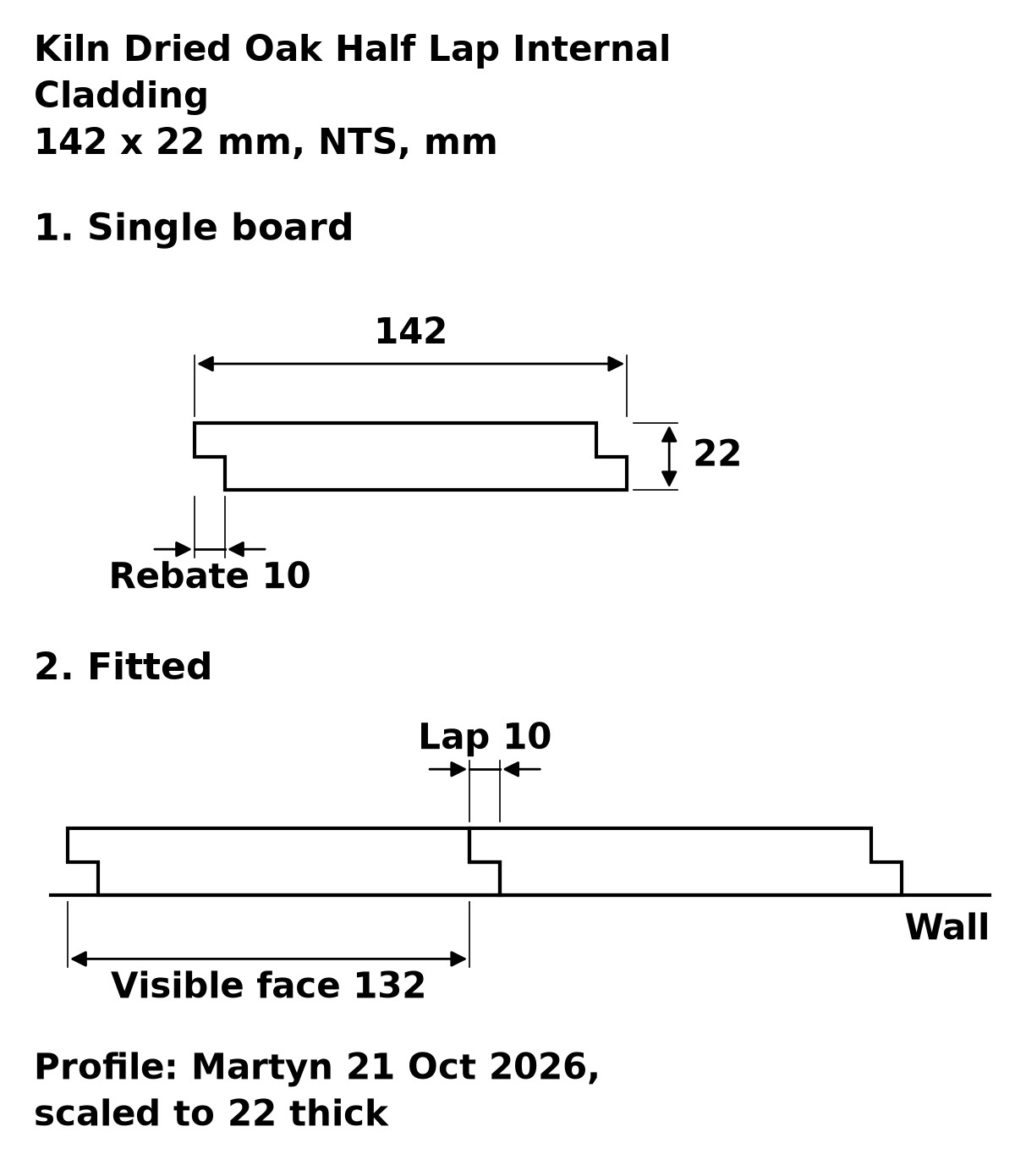 Kiln Dried Oak Half Lap Internal Cladding profile drawing: 142 x 22 mm board, 132 mm visible face, 10 mm lap