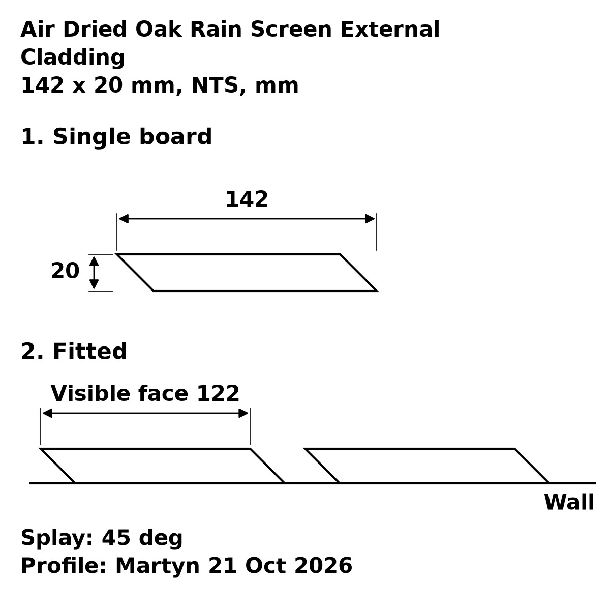 Air Dried Oak Rain Screen External Cladding profile drawing: 142 x 20 mm board, 122 mm visible face
