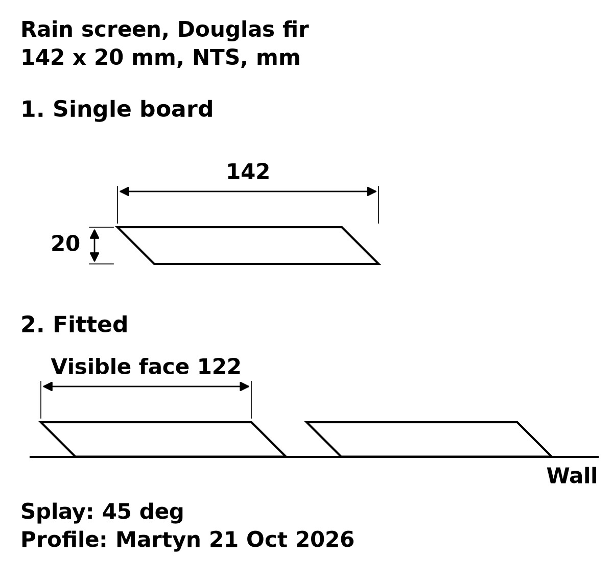 Douglas Fir Rain Screen External Cladding profile drawing: 142 x 20 mm board, rain screen