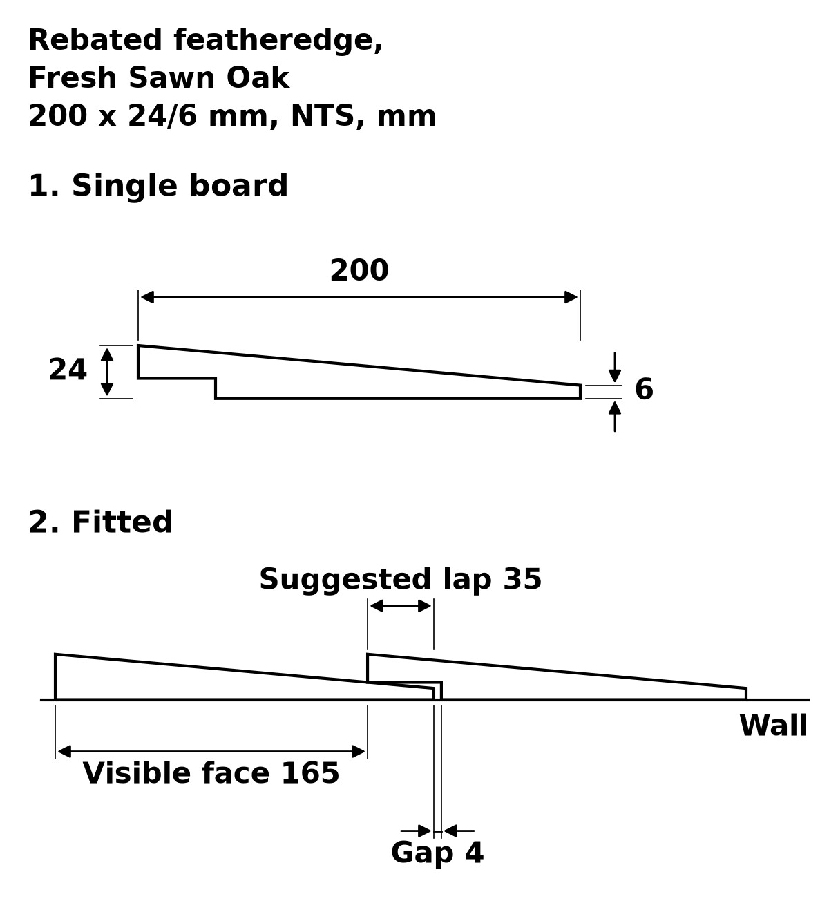 Rebated Fresh Sawn Oak Featheredge External Cladding profile drawing: 200 x 24/6 mm board, suggested 35 mm lap, 165 mm visible face, 4 mm gap