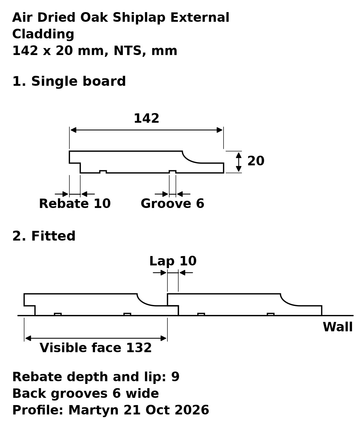 Air Dried Oak Shiplap External Cladding profile drawing: 142 x 20 mm shiplap board, 10 mm lap, 132 mm visible face