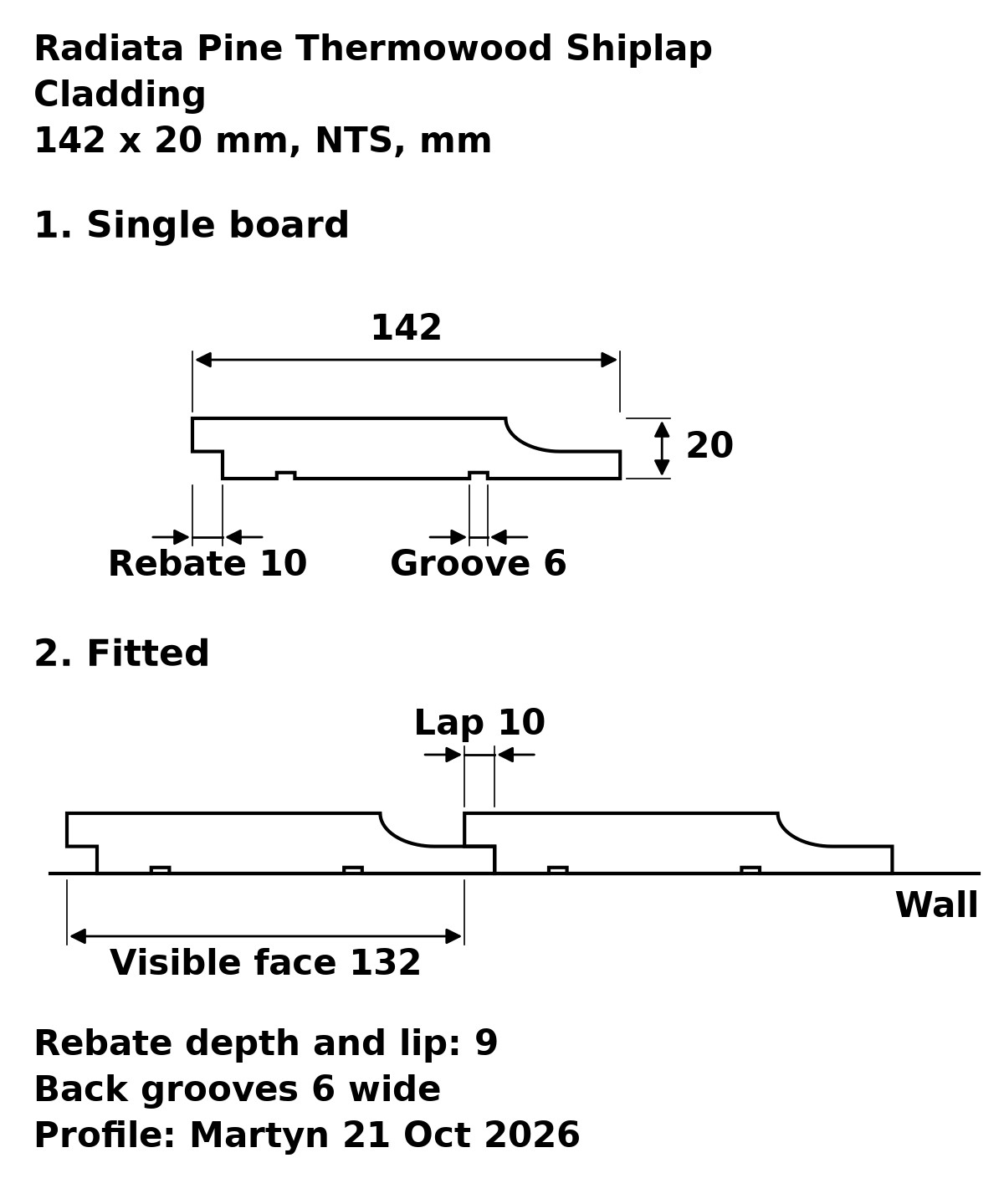 Radiata Pine Thermowood Shiplap Cladding profile drawing: 142 x 20 mm shiplap board, 10 mm lap, 132 mm visible face