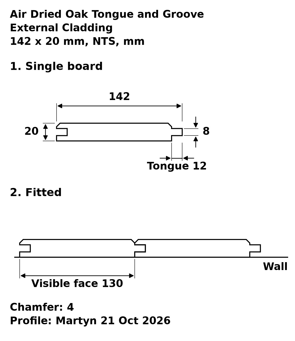 Air Dried Oak Tongue and Groove External Cladding profile drawing: 142 mm board (×20 geometry), 130 mm visible face, 12 x 8 mm tongue — also used for ×24 thickness