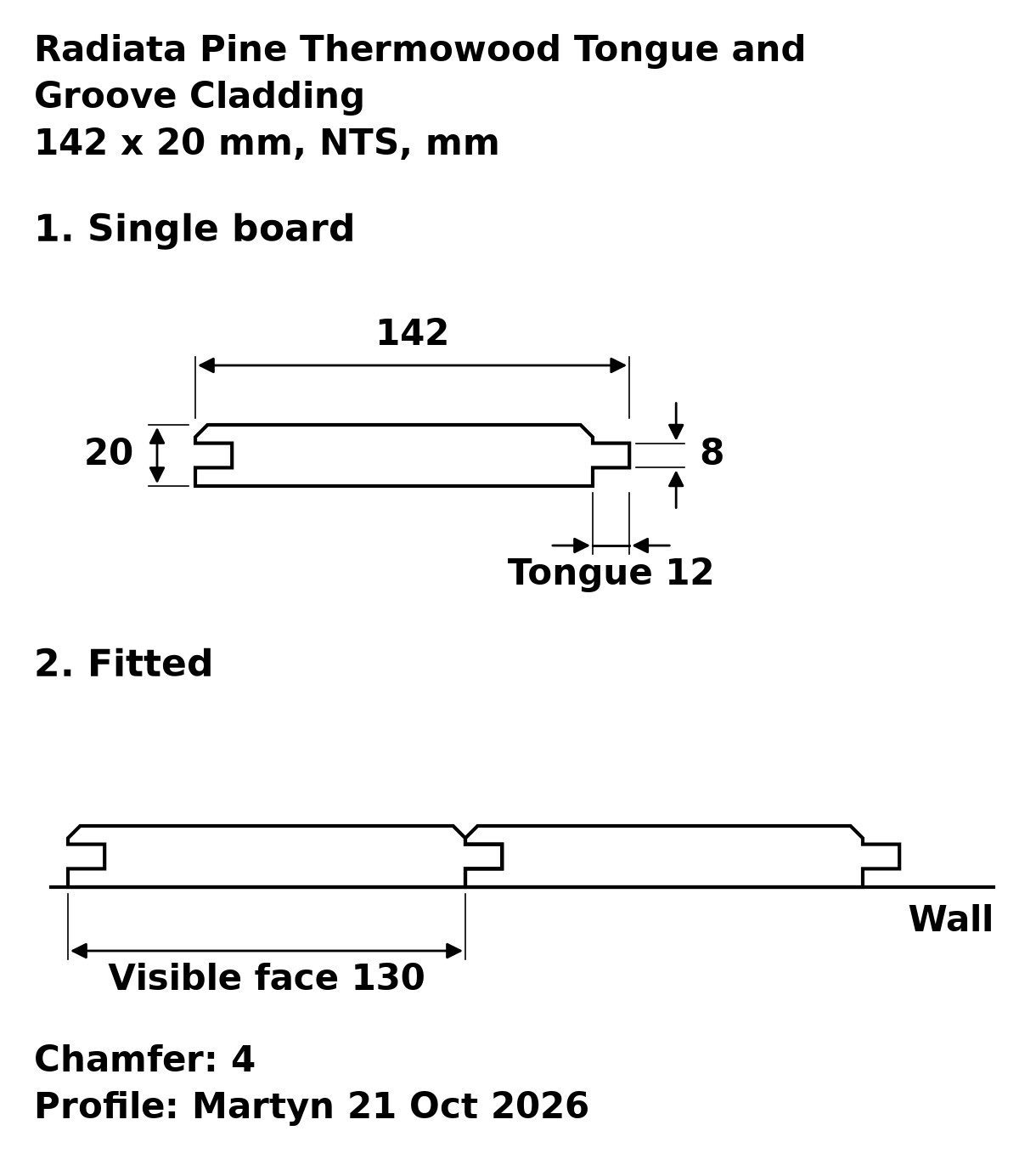 Radiata Pine Thermowood Tongue and Groove Cladding profile drawing: 142 x 20 mm board, 130 mm visible face, 12 x 8 mm tongue