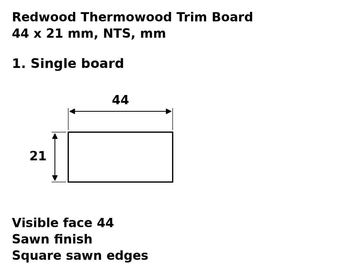 Redwood Thermowood Trim Boards profile drawing: 44 x 21 mm, square sawn edges