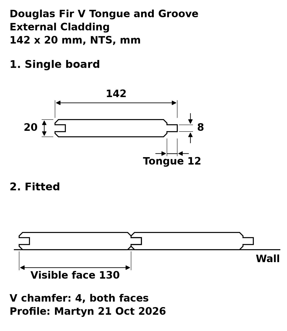 Douglas Fir V Tongue and Groove External Cladding profile drawing: 142 x 20 mm board, 130 mm visible face, 12 x 8 mm tongue