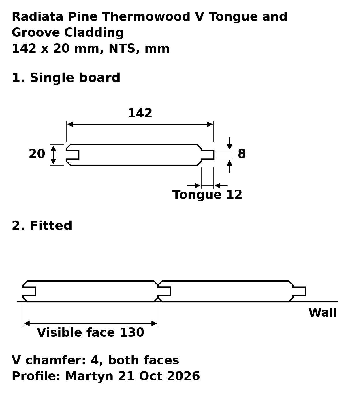 Radiata Pine Thermowood V Tongue and Groove Cladding profile drawing: 142 x 20 mm board, 130 mm visible face, 12 x 8 mm tongue