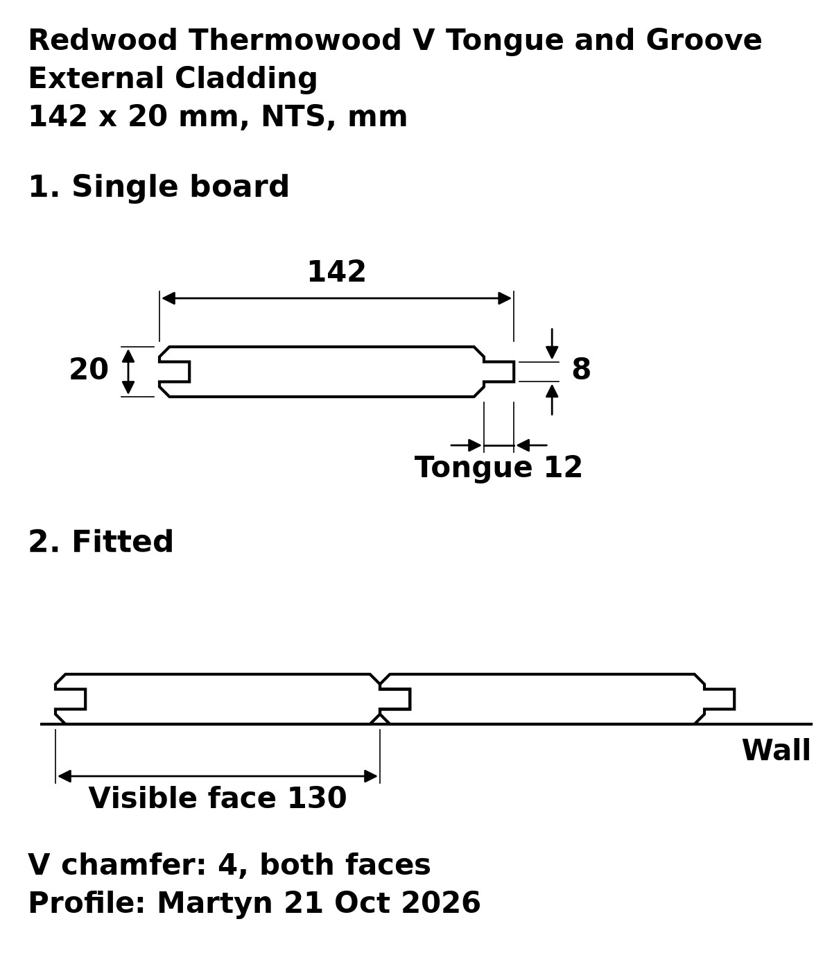 Redwood Thermowood V Tongue and Groove Internal Cladding profile drawing: 142 x 20 mm board, 130 mm visible face, 12 x 8 mm tongue