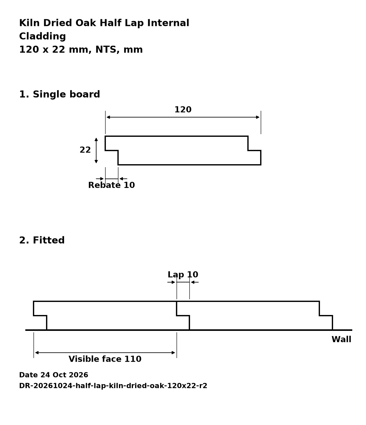 Kiln dried oak half lap internal cladding profile drawing: 120 x 22 mm board, 110 mm visible face, 10 mm lap