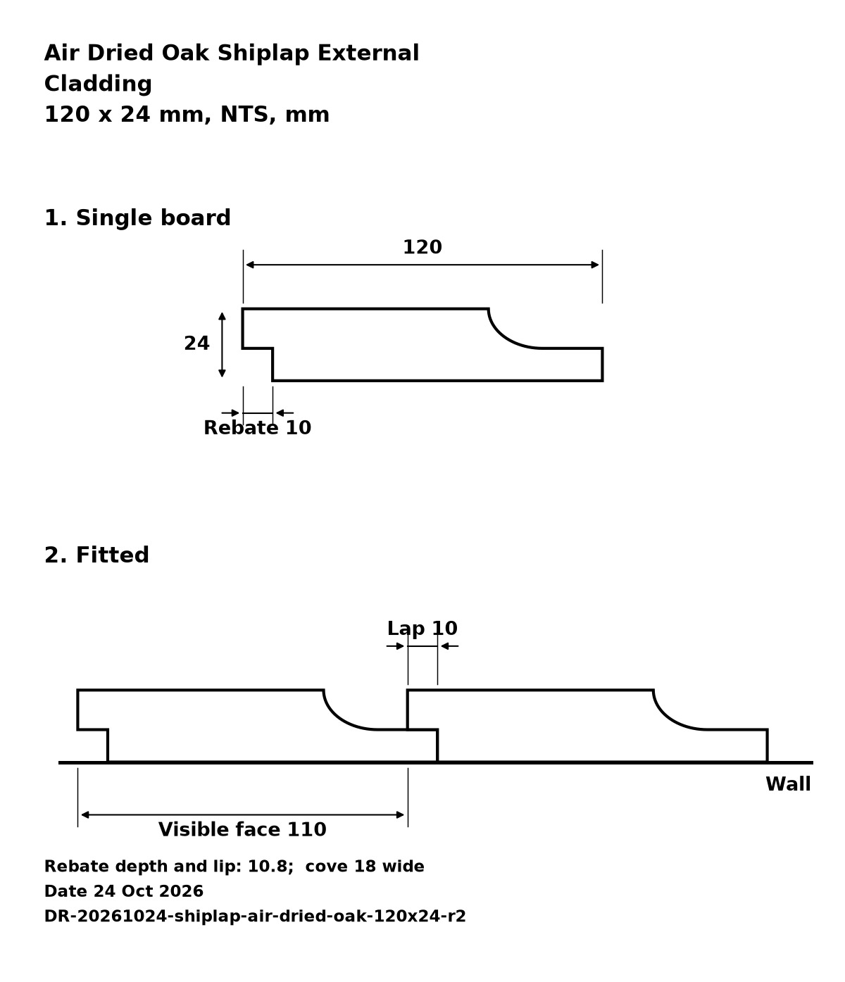 Air dried oak shiplap external cladding profile drawing: 120 x 24 mm board, 110 mm visible face, 10 mm lap