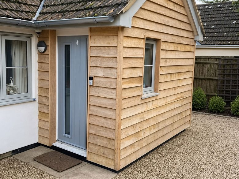 Natural timber featheredge cladding on a porch extension